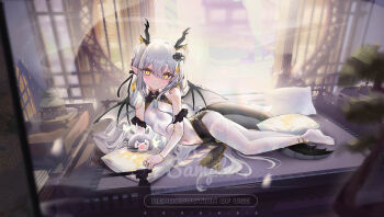 Rule 34 | 1girl, absurdres, blush, breasts, chinese clothes, closed mouth, commentary request, doll, dragon girl, dragon horns, dragon tail, dragon wings, dress, full body, gloves, hair between eyes, hair ornament, highres, horns, incense burner, indoors, long hair, looking at viewer, lying, mandarin collar, no shoes, on side, original, pantyhose, pillow, pointy ears, round window, small breasts, solo, tail, tassel, very long hair, white hair, window, wings, yellow eyes, yinber