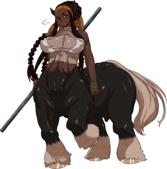 1girl animal_ears bad_id bad_pixiv_id bare_shoulders black_hair braid breasts breasts_apart centaur covered_erect_nipples crotch_boob dark-skinned_female dark_skin eyeshadow female_focus headband hooves horse_ears large_breasts lipstick long_hair looking_at_viewer makeup monster_girl nezunezu nipples original pointy_ears simple_background solo staff tail tan taur toned toned_female udder weapon