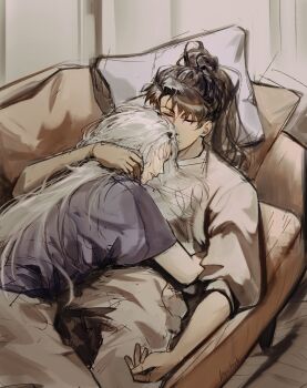 Rule 34 | 1boy, 1girl, arm around shoulder, arm around waist, black hair, closed eyes, couch, cowboy shot, girl on top, grey shirt, hand on another's neck, head on pillow, hetero, high ponytail, highres, logicsterrr, long hair, nephis (shadow slave), pillow, ponytail, purple shirt, shadow slave, shirt, sleeping, sleeves rolled up, sunny (shadow slave), t-shirt, under covers, white hair