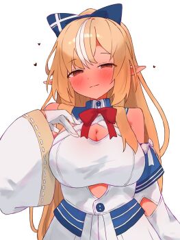 1girl blonde_hair blue_bow bow breasts cleavage closed_mouth commentary dark-skinned_female dark_elf dark_skin detached_sleeves dress elf hair_bow halterneck heart highres hololive large_breasts long_hair looking_at_viewer multicolored_hair pointy_ears red_eyes shiranui_flare shiranui_flare_(1st_costume) solo streaked_hair symbol-only_commentary tepenchi very_long_hair virtual_youtuber white_background white_dress white_sleeves white_streaks