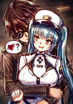 1boy 1girl ? absurdres blue_hair blush brown_hair commander_(nikke) full-face_blush goddess_of_victory:_nikke heart highres hug hug_from_behind jimpu6 long_hair military military_uniform privaty_(nikke) smile speech_bubble sunglasses twintails v-shaped_eyebrows white_headwear yellow_eyes