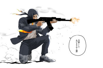 1boy absurdres aiming black_hat black_jacket black_suit commentary_request dakuonpu dust_cloud firing formal_clothes from_side gatchmanv glasses grey_shoes hat highres indie_virtual_youtuber jacket kalashnikov_rifle male_focus necktie no_eyes on_one_knee orange_necktie shirt shoes smoke solo suit translation_request virtual_youtuber white_shirt