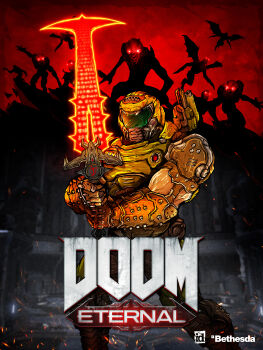 1boy absurdres armor blood copyright_name crucible_(doom) demon doom_(series) doom_eternal doomguy gloves hell helmet highres holding holding_weapon horns looking_at_viewer male_focus metroid metroid_dread muscular nintendo official_art parody power_armor praetor_suit simple_background solo weapon