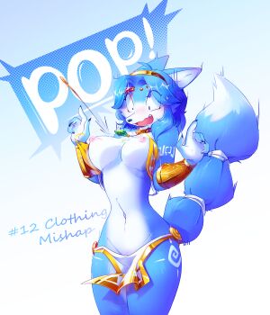 1girl animal_ears animal_nose arm_tattoo artist_name bandeau blue_background blue_eyes blue_fur blue_hair blue_theme blush body_fur bouncing_breasts breasts cleft_of_venus collarbone constricted_pupils cowboy_shot ear_blush ears_down elizzylilith embarrassed english_text fang female_focus fox_ears fox_girl fox_tail furry furry_female gem glint gold_hairband gold_trim gradient_background green_gemstone groin hair_intakes hairband hands_up jewelry krystal large_breasts leg_tattoo loincloth_pull looking_down matching_hair/eyes motion_blur motion_lines navel neck_ring necklace nipples nose_blush open_mouth popped_button pussy pussy_peek red_gemstone short_hair sidelocks signature snout solo standing star_fox star_fox_adventures stiff_tail stomach surprised sweat tail tail_ornament tail_ring tattoo two-tone_fur uncensored wardrobe_malfunction wavy_mouth white_fur white_loincloth wide-eyed yellow_bandeau