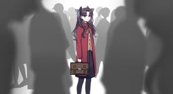 1girl 6+others bag black_hair black_pantyhose blue_eyes coat commentary_request expressionless fate/stay_night fate_(series) highres holding holding_bag homurabara_academy_school_uniform long_hair medium_skirt multiple_others ohmoto_9 pantyhose red_coat school_uniform skirt tohsaka_rin two_side_up wavy_hair