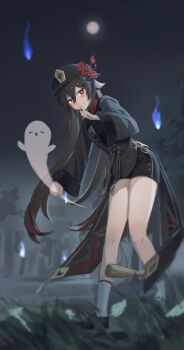 1girl absurdres black_dress black_hair black_hat black_shoes black_shorts blush boo_tao_(genshin_impact) closed_mouth coattails commentary dress finger_to_mouth flower flower-shaped_pupils full_body full_moon genshin_impact ghost grass graveyard hair_between_eyes hand_up hat hat_flower hat_tassel highres hitodama holding_ghost hu_tao_(genshin_impact) hyuji_0w0 index_finger_raised kneehighs leaning_forward long_hair long_sleeves looking_at_viewer moon night outdoors plum_blossoms porkpie_hat red_eyes red_flower shoes shorts smile socks solo standing symbol-shaped_pupils tailcoat tassel thighs twintails very_long_hair white_socks wide_sleeves