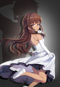Rule 34 | 1girl, absurdres, back, blush, bow, brown eyes, brown hair, commentary request, dark skin, dress, elbow gloves, fate/strange fake, fate (series), floating hair, foot out of frame, gloves, grey background, half updo, highres, long hair, looking at viewer, parted lips, shadow, shoes, shubun (user gxsx8757), skirt hold, small sweatdrop, strapless, strapless dress, tine chelc, white bow, white dress, white shoes