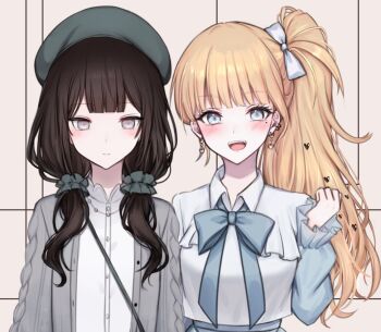 Rule 34 | 2girls, :d, beret, black hair, blonde hair, blue eyes, blue ribbon, blunt bangs, book off, cardigan, closed mouth, collared shirt, commentary request, earrings, fushichi, green hat, grey cardigan, grey eyes, hair ornament, hair scrunchie, hand up, hat, jewelry, kurobe nanoka, long hair, long sleeves, looking at viewer, low twintails, mahou shoujo no majo saiban, mole, mole under eye, multiple girls, neck ribbon, official alternate costume, open mouth, ribbon, saeki miria, scrunchie, shirt, side ponytail, smile, twintails, upper body, white shirt