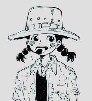 1girl blush_stickers collared_shirt commentary_request food greyscale hat hebi_d_hebi highres jewelry looking_to_the_side miss_goldenweek monochrome necklace one_piece senbei shirt solo twintails upper_body