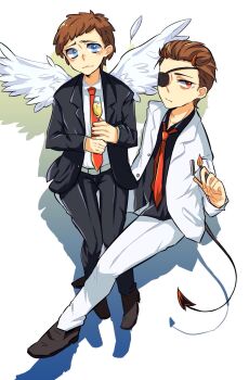 2boys angel_wings blue_eyes brown_eyes brown_hair demon_tail dual_persona evil_morty eyepatch feathered_wings formal_clothes highres morty_smith multiple_boys rick_and_morty short_hair suit tail white_wings wings xiaoming_(724536206)