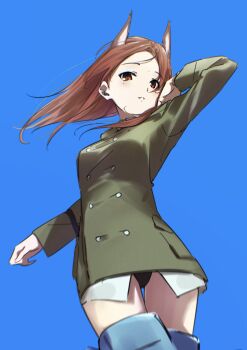 1girl animal_ears black_panties blue_background blush breasts green_jacket highres hmd_1800 jacket long_hair looking_at_viewer medium_breasts military military_uniform minna-dietlinde_wilcke no_pants panties red_eyes red_hair shirt simple_background solo strike_witches striker_unit underwear white_shirt wolf_ears wolf_girl world_witches_series