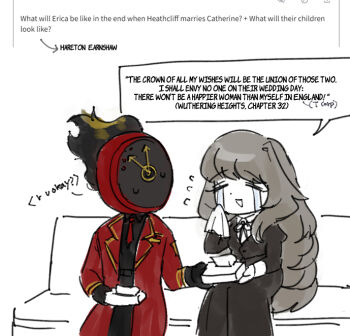 1girl 1other analog_clock black_dress black_gloves black_pants black_shirt brown_hair clock coat commentary couch crying crying_with_eyes_open dante_(limbus_company) dress english_commentary english_text erica_(wutheright) flaming_head flying_sweatdrops gloves gold_trim holding holding_tissue lapels limbus_company long_hair necktie notched_lapels object_head oc_x_canon on_couch open_clothes open_coat original pants project_moon red_coat red_necktie shirt sidelocks sitting speech_bubble tears tissue tissue_box triangle_mouth wutheright