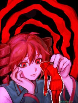 2girls ahoge black_shirt clone closed_mouth collared_shirt colored_skin commentary_request detached_sleeves drill_hair expressionless hand_on_own_cheek hand_on_own_face hand_up head_rest highres kasane_teto kasane_teto_(utau) lifting_person long_sleeves looking_at_another mini_person minigirl multiple_girls nou_1182 outline pink_skin red_background red_eyes red_hair shirt short_hair sleeveless sleeveless_shirt spiral_background twin_drills upper_body utau white_outline