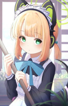 1girl absurdres animal_ear_headphones animal_ears apron black_dress blonde_hair blue_archive blue_bow blue_bowtie blurry blurry_foreground blush borrowed_clothes bow bowtie broom cat_ear_headphones cat_ears cat_tail closed_mouth collared_dress commentary_request contrast_collar depth_of_field dress fake_animal_ears fake_tail frilled_apron frilled_dress frills green_bow green_eyes green_halo hair_bow halo headphones highres holding holding_broom long_sleeves looking_at_viewer maid maid_apron maid_headdress midori_(blue_archive) midori_(maid)_(blue_archive) official_alternate_costume official_alternate_hairstyle parted_bangs pdnt ponytail puffy_long_sleeves puffy_sleeves short_hair short_ponytail sidelocks solo tail tail_raised upper_body white_apron
