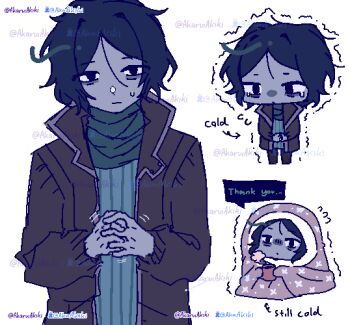 1boy akaruiakiki androgynous arrow_(symbol) bags_under_eyes blank_stare blue_hair brown_jacket chibi chibi_inset closed_mouth coat coat_guy_(no_i&#039;m_not_a_human) coffee_mug cold colored_skin commentary crying cup dot_mouth dripping_eye empty_eyes english_commentary english_text fidgeting flying_sweatdrops green_scarf green_shirt grey_skin holding holding_cup interlocked_fingers jacket jaggy_lines long_sleeves looking_at_viewer loose_hair_strand male_focus messy_hair motion_lines mug multiple_views no_i&#039;m_not_a_human open_clothes open_coat own_hands_clasped own_hands_together parted_bangs popped_collar ribbed_shirt scarf shirt short_hair speech_bubble standing steaming_cup straight-on sweatdrop thank_you too_many_watermarks trembling twitter_username watermark watermark_grid wavy_hair white_background wrapped_in_blanket