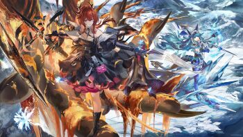 2girls absurdres arknights arknights:_endfield backless_dress backless_outfit bare_shoulders black_dress black_gloves black_horns blue_hair breasts cleavage commentary demon_horns dress fire full_body giant_hand gloves hair_between_eyes hair_intakes highres holding holding_sword holding_weapon horns ice laevatein_(arknights) last_rite_(arknights) lava long_hair long_sleeves medium_breasts multiple_girls open_mouth outdoors parted_lips pointy_ears purple_eyes red_hair standing surtr_(arknights) sword teeth very_long_hair weapon yaoyaobae