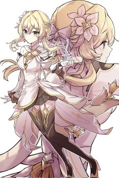 1girl bare_shoulders blonde_hair boots bow braid breasts brown_boots commentary_request corrupted_twitter_file detached_sleeves dress expressionless flower front_and_back full_body genshin_impact gliexe hair_bow hair_flower hair_ornament high_heel_boots high_heels highres looking_at_viewer lumine_(as_heaven_and_earth_are_made_anew)_(genshin_impact) lumine_(genshin_impact) medium_breasts multiple_views official_alternate_costume short_hair_with_long_locks simple_background thigh_boots white_background white_dress yellow_eyes