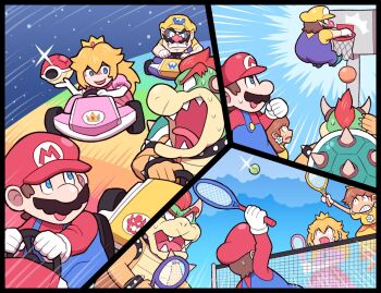 2girls 3boys :d ass ayyk92 ball basketball basketball_(object) basketball_hoop bowser day driving facial_hair gloves grin holding holding_shell horns mario mario_(series) mario_hoops_3-on-3 mario_kart mario_tennis motor_vehicle multiple_boys multiple_girls mustache nintendo open_mouth overalls playing_sports princess_daisy princess_peach racket rainbow_road red_hair red_headwear sharp_teeth shell slam_dunk_(basketball) smile spiked_shell steering_wheel sweat teeth tennis tennis_ball tennis_racket tongue tongue_out wario white_gloves