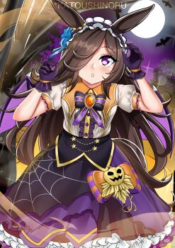 1girl absurdres animal_ears bat_(animal) bat_wings black_gloves blue_flower blue_rose blush bow breasts brown_hair claw_pose commentary english_commentary flipped_hair flower frilled_hairband frills full_moon gloves hair_over_one_eye hairband halloween halloween_costume highres horse_ears horse_girl horse_tail jack-o&#039;-lantern_ornament katou_shinobu lace lace-trimmed_gloves lace_trim long_hair looking_at_viewer moon official_alternate_costume parted_lips puffy_short_sleeves puffy_sleeves purple_eyes purple_gloves purple_sky purple_wings rice_shower_(umamusume) rice_shower_(vampire_makeover!)_(umamusume) rose shirt short_sleeves skirt sky solo tail umamusume white_shirt wings