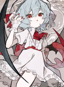1girl absurdres ascot bat_wings blue_hair hair_between_eyes hat hat_ribbon highres looking_at_viewer mob_cap pink_hat pink_shirt pink_skirt puffy_short_sleeves puffy_sleeves red_ascot red_eyes red_nails remilia_scarlet ribbon shirt short_hair short_sleeves skirt skirt_set solo soresaki touhou wings wrist_cuffs