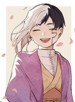 0a_9_(pixiv82791714) 1boy asagiri_gen asymmetrical_hair black_hair border closed_eyes coat dr._stone facing_viewer falling_petals highres jacket japanese_clothes kimono male_focus multicolored_hair open_mouth petals purple_coat purple_jacket shirt short_hair smile solo split-color_hair two-tone_hair upper_body white_border white_hair white_shirt