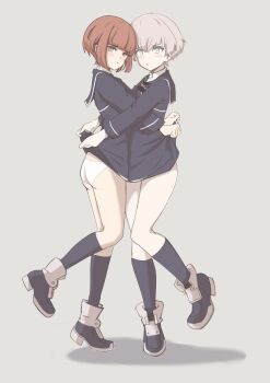2girls ass black_dress black_sailor_collar black_socks blue_eyes blunt_bangs brown_eyes brown_hair chakoru clothes_lift dress dress_lift full_body grey_background grey_hair highres hug kantai_collection multiple_girls panties sailor_collar sailor_dress shadow short_dress short_hair simple_background socks underwear white_panties z3_max_schultz_(kancolle)