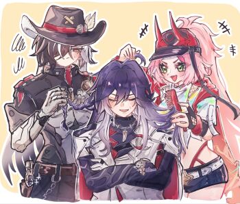 +++ 1girl 2boys ahoge alternate_hairstyle armor ashveil_(honkai:_star_rail) asymmetrical_gloves bandana belt black_armor black_gloves black_hair black_hat black_jacket black_pants black_shirt black_shorts blush boothill_(honkai:_star_rail) border bracelet braid brown_belt brushing_another's_hair brushing_hair bullet_earrings chain closed_eyes closed_mouth clothes_writing commentary_request covered_collarbone cowboy_hat cowboy_shot crescent crescent_pin crop_top crossed_arms cyborg earrings eyelashes fake_horns fingerless_gloves fishnets furuseki gloves gold_bracelet gradient_hair green_eyes grey_armor grey_eyes gun gun_sling hair_brush hair_over_one_eye half-closed_eye handgun hands_up hat hat_feather hat_ornament high_ponytail highres holding holding_another's_hair holding_hair_brush honkai:_star_rail honkai_(series) hood hooded_jacket horns jacket jewelry lapels long_hair looking_at_another low-braided_long_hair low-tied_long_hair mechanical_arms mechanical_hands midriff mismatched_gloves missing_headwear multicolored_hair multiple_boys navel necklace open_mouth outside_border pants peaked_cap pink_hair ponytail purple_hair rappa_(honkai:_star_rail) red_bandana red_jacket red_pupils ring shirt short_shorts shorts sidelocks simple_background single_braid smile sparkle squiggle standing sweatdrop tank_top tongue turtleneck turtleneck_shirt two-sided_fabric two-sided_jacket two-tone_armor two-tone_hair upper_body v-shaped_eyebrows very_long_hair wavy_hair weapon white_belt white_border white_gloves white_hair white_jacket white_tank_top yellow_background zipper