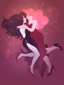 2girls adventure_time bellatown black_dress black_hair breasts cleavage colored_skin commentary dress closed_eyes grey_skin high_heels highres holding_hands imminent_kiss interlocked_fingers lips long_hair marceline_abadeer multiple_girls pink_hair pink_skin princess_bonnibel_bubblegum red_dress wide_hips yuri