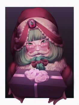 1girl absurdres blunt_bangs box christmas commentary english_commentary fake_beard fake_facial_hair glasses green_eyes green_hair hat highres holding holding_box kagiyama_hina klabisot looking_at_viewer santa_costume santa_hat solo touhou