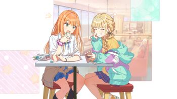 2girls book bracelet braid cellphone closed_eyes clothes_around_waist couch eraser fujita_kotone gakuen_idolmaster game_cg green_eyes grin hair_ornament hairclip holding idolmaster jewelry kneehighs multicolored_hair multiple_girls neck_ribbon off_shoulder official_art open_book open_mouth orange_hair phone ribbon ring shirt shiun_sumika sitting skirt smartphone smile socks star_(symbol) stool sweater sweater_around_waist table white_shirt window
