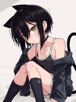 1girl animal_ears bare_shoulders black_camisole black_choker black_hair black_jacket black_socks breasts camisole cat_ears cat_tail choker closed_mouth jacket kneehighs knees_together_feet_apart looking_at_viewer miniskirt notice_lines null_(nyanpyoun) open_clothes open_jacket original short_hair simple_background sitting skirt small_breasts socks solo tail tan tanline variant_set white_skirt yellow_eyes