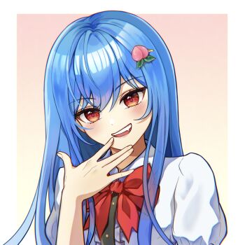 1girl blue_hair blush bow bowtie commentary fang fanxiaotu food-themed_hair_ornament gradient_background hair_ornament hairclip hand_on_own_chin hand_up highres hinanawi_tenshi long_hair long_sidelocks looking_at_viewer no_headwear open_mouth peach_hair_ornament puffy_short_sleeves puffy_sleeves red_bow red_bowtie red_eyes shirt short_sleeves sidelocks smile solo teeth touhou translucent_hair upper_body upper_teeth_only white_shirt