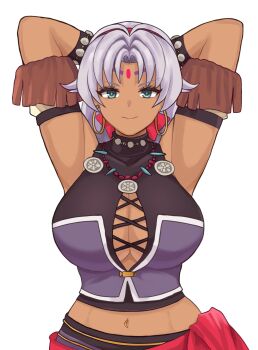 Rule 34 | 1girl, arms behind head, breasts, cleavage, cleavage cutout, closed mouth, clothing cutout, commentary, curtained hair, dark-skinned female, dark skin, djames, earrings, eiyuu densetsu, english commentary, facial mark, forehead mark, green eyes, grey hair, hairband, highres, hoop earrings, jewelry, large breasts, long hair, looking at viewer, navel piercing, parted bangs, piercing, scherazard harvey, simple background, smile, solo, sora no kiseki, upper body, white background, white hair