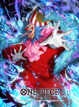 1boy ascot blue_hair buggy_the_clown commentary_request copyright_name dai-xt evil_smile gloves hat highres long_hair looking_at_viewer makeup male_focus official_art one_piece one_piece_card_game pink_ascot pirate_hat red_nose smile solo tongue tongue_out white_gloves