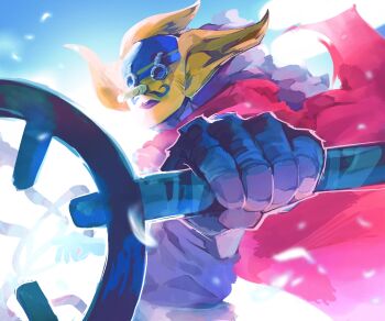 Rule 34 | 1boy, absurdres, bandaged fingers, bandaged hand, bandages, cape, commentary, english commentary, highres, holding, holding weapon, long nose, looking at viewer, male focus, mask, one piece, outdoors, red cape, sanam 1piece, sky, slingshot (weapon), sogeking, solo, usopp, weapon