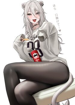 1girl :d absurdres animal_ear_piercing animal_ears black_choker black_pantyhose breasts chips_(food) choker commentary_request crossed_legs double-parted_bangs food grey_eyes grey_hair grey_sweater hair_between_eyes highres holding holding_food hololive large_breasts lion_ears lion_girl lion_tail long_hair long_hair_between_eyes looking_at_viewer messy_hair no_pants on_stool open_mouth pantyhose potato_chips pringles_can shishiro_botan simple_background sleeves_past_fingers sleeves_past_wrists smile solo sweater tail translation_request virtual_youtuber wanne white_background