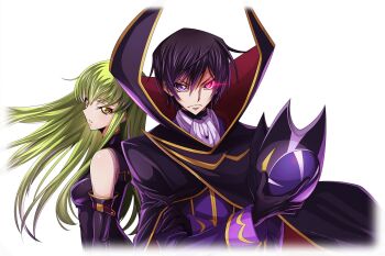1boy 1girl artist_request ascot back-to-back bare_shoulders black_cape black_dress black_gloves black_hair black_helmet breasts c.c. cape closed_mouth coat code_geass code_geass:_lost_stories cropped_torso crossed_arms dress elbow_gloves eye_trail game_cg geass gloves glowing glowing_eye gold_trim green_hair hair_between_eyes helmet high_collar highres holding holding_unworn_helmet lelouch_vi_britannia light_trail long_hair long_sleeves looking_at_viewer medium_breasts non-web_source official_art parted_lips purple_coat purple_eyes serious short_hair sidelocks simple_background sleeveless sleeveless_dress standing transparent_background two-sided_cape two-sided_fabric unworn_headwear unworn_helmet upper_body v-shaped_eyebrows white_ascot yellow_eyes