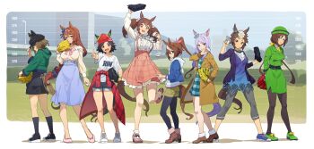 6+girls animal_ears aqua_bow ball bandaid bandaid_on_cheek bandaid_on_face baseball baseball_(object) baseball_glove beanie black_hair black_pantyhose black_shorts black_socks blue_dress blue_eyes blue_jacket blue_skirt blush bow bowler_hat bowtie braid breasts brown_coat brown_hair buttons casual cheval_grand_(casual)_(umamusume) cheval_grand_(umamusume) closed_mouth clothes_around_waist coat double-breasted dress ear_bow ears_through_headwear frilled_shirt frilled_socks frills green_eyes green_hat green_hoodie hair_between_eyes hat hayakawa_tazuna high_ponytail highres hishi_akebono_(casual)_(umamusume) hishi_akebono_(umamusume) hood hood_down hoodie horse_ears horse_girl horse_tail jacket large_breasts long_hair long_sleeves looking_at_viewer mejiro_mcqueen_(umamusume) mejiro_ryan_(casual)_(umamusume) mejiro_ryan_(umamusume) multicolored_hair multiple_girls necktie nishiki_kazue open_clothes open_coat open_jacket open_mouth pants pantyhose pink_bow pink_bowtie pink_hair plaid_clothes ponytail purple_eyes purple_hair red_eyes red_hat red_jacket shirt shoes short_hair short_sleeves shorts skirt smile socks split_ponytail streaked_hair super_creek_(casual)_(umamusume) super_creek_(umamusume) suspender_skirt suspenders tail tokai_teio_(umamusume) twintails two-tone_hair umamusume v very_long_hair white_hair white_hoodie white_shirt white_streaks winning_ticket_(casual)_(umamusume) winning_ticket_(umamusume) yellow_necktie