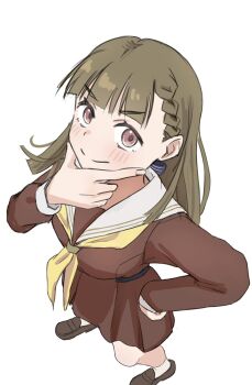 Rule 34 | >:), 1girl, black bow, bow, braid, breasts, brown dress, brown hair, brown shoes, center-flap bangs, closed mouth, commentary, dress, foreshortening, full body, hair bow, hand on own chin, hand on own hip, hasu no sora school uniform, highres, kachimachi kosuzu, link! like! love live!, loafers, long sleeves, looking at viewer, love live!, medium breasts, medium dress, neckerchief, pink eyes, pleated dress, sailor collar, sailor dress, school uniform, shoes, side braids, simple background, smile, socks, solo, split mouth, standing, stroking own chin, v-shaped eyebrows, virtual youtuber, white background, white sailor collar, white socks, winter uniform, wotan (wotandesu), yellow neckerchief