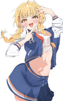 1girl absurdres blonde_hair blue_jacket blue_skirt blush braid campus_mode!!_(idolmaster) commentary cowboy_shot crop_top double_v english_commentary fang fujita_kotone gakuen_idolmaster hair_ornament hairclip hands_up highres idolmaster jacket long_hair navel open_clothes open_jacket open_mouth parallel_hairclips simple_background skin_fang skirt solo stomach twin_braids urishima v v_over_mouth white_background yellow_eyes