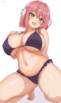 1girl :d absurdres bare_arms bare_legs barefoot black_bra black_panties blush bra breasts cleavage commentary_request curvy eclyart female_focus flower green_eyes hair_flower hair_ornament hanazono_hakari highres kimi_no_koto_ga_dai_dai_dai_dai_daisuki_na_100-nin_no_kanojo large_breasts long_hair looking_at_viewer navel open_mouth panties pink_hair simple_background smile solo squatting stomach thighs toes underboob underwear white_background