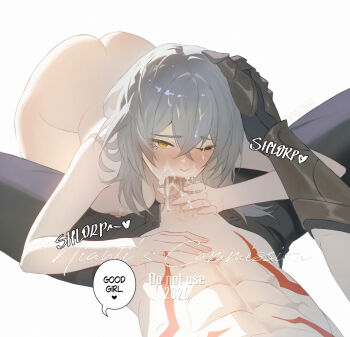 Rule 34 | 1boy, 1girl, abs, ass, black pants, body markings, breasts, chest tattoo, clothed male nude female, commission, completely nude, cum, cum on body, cum on hair, english text, facial, fellatio, gauntlets, grey hair, hand on another's head, highres, honkai: star rail, honkai (series), mydei (honkai: star rail), niahti, nipples, nude, oral, pants, penis, speech bubble, stelle (honkai: star rail), tattoo, topless male, trailblazer (honkai: star rail), yellow eyes