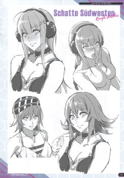 Rule 34 | 1girl, absurdres, artbook, breasts, breasts apart, cleavage, concept art, hair ribbon, highres, long hair, looking at viewer, medium hair, monochrome, multiple views, non-web source, official art, open mouth, parted lips, reference sheet, ribbon, scan, shatte judevesten, shiny skin, shirt, shorts, sketch, striped clothes, striped shirt, super robot wars, super robot wars x-omega, upper body, watanabe wataru (character designer)