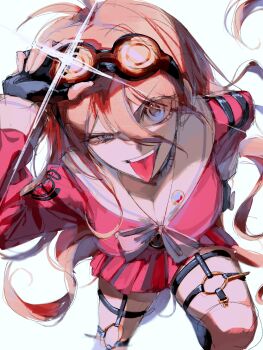 1girl blonde_hair blue_eyes breasts cleavage danganronpa_(series) danganronpa_v3:_killing_harmony fingerless_gloves glint gloves goggles goggles_on_head highres iruma_miu large_breasts long_hair long_sleeves looking_at_viewer nebusokuuuuuuu o-ring o-ring_thigh_strap pink_serafuku pink_skirt school_uniform serafuku skirt solo thigh_strap tongue