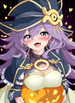 1girl absurdres black_background blue_eyes blush breasts cleavage duel_monster earrings halloween heart highres jewelry large_breasts long_hair nightmare_apprentice pumpkin purple_eyes purple_hair shirogane_haku simple_background solo upper_body yu-gi-oh!