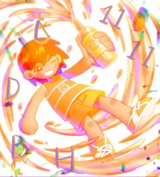 1boy ;d absurdres bare_arms bare_legs bare_shoulders bottle bottle_cap bright_pupils brown_eyes brown_hair bskrf_vc chinese_commentary chromatic_aberration clenched_hand commentary_request confetti dark-skinned_male dark_skin dated deformed dot_nose double-parted_bangs film_grain full_body grin hair_behind_ear hair_between_eyes happy_birthday highres holding holding_bottle juice kel_(faraway)_(omori) kel_(omori) leg_hair looking_at_viewer male_focus no_sclera omori one_eye_closed open_mouth orange_joe_(omori) orange_juice orange_shoes orange_shorts orange_tank_top outstretched_arm shoelaces shoes short_hair shorts simple_background smile solo standing standing_on_one_leg tank_top thick_eyebrows v-shaped_eyebrows white_background white_pupils