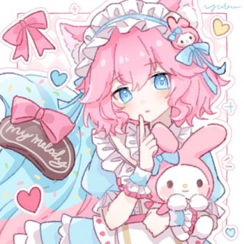 Rule 34 | 1girl, animal ear fluff, animal ears, blue dress, blue eyes, blue hairband, cat ears, cat girl, closed mouth, commentary, dress, frilled hairband, frilled wrist cuffs, frills, hair between eyes, hairband, highres, looking at viewer, my melody, my melody (series), original, pink hair, sanrio, short hair, short sleeves, signature, solo, symbol-only commentary, upper body, wrist cuffs, yukomeow
