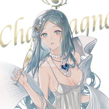 1girl azur_lane bare_shoulders blue_eyes blue_gem blue_hair breasts champagne_(adulation_eternal)_(azur_lane) champagne_(azur_lane) champagne_flute character_name collarbone commentary_request cup dress drinking_glass evening_gown gem heart-shaped_gem jewelry long_hair looking_at_viewer necklace official_alternate_costume parted_bangs pearl_hair_ornament pearl_necklace simple_background small_breasts solo very_long_hair white_background white_dress wuqing_da_pao_fu