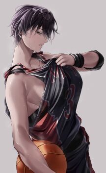 1girl absurdres ball basketball basketball_(object) basketball_uniform black_bra black_hair black_shorts bra breasts commentary english_commentary highres holding holding_ball large_breasts may_(ulularts) multicolored_hair original shorts solo sportswear streaked_hair sweat ulularts underwear white_hair wristband