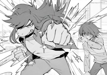1girl 1other androgynous antenna_hair artist_name collared_jacket collared_shirt commentary_request deltarune furry furry_female greyscale highres jacket korean_commentary kris_(deltarune) long_hair long_sleeves monochrome open_clothes open_jacket open_mouth pants reptile_girl savepoint010 shaded_face sharp_teeth shirt shirt_under_sweater short_hair susie_(deltarune) sweater t-shirt teeth twitter_username utdr_(toby_fox)